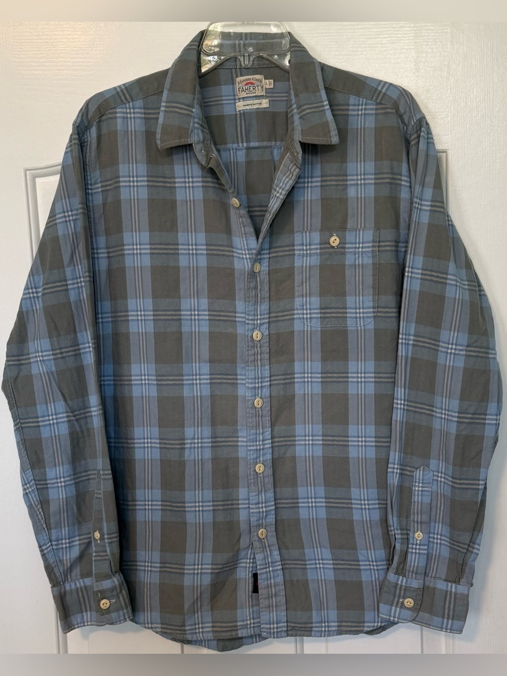 Faherty Organic Cotton Plaid Button Down Shirt Mens L Blue Gray Coastal Casual